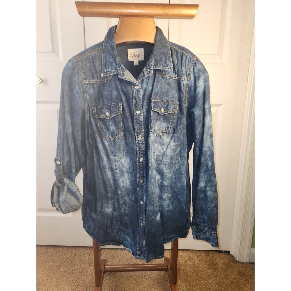 YMI Womens Denim Shirt Long Sleeve With Pearl Snap Button Front Size 1X